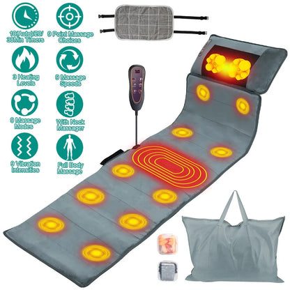 Full Body Electric Massage Mat With Heat Vibration Massage Pad Cushion Back Massage Mattress Chair Pad With Neck Massage Pillow With 10 Vibration Motors Timer Anti-Slip Bottom Earplugs