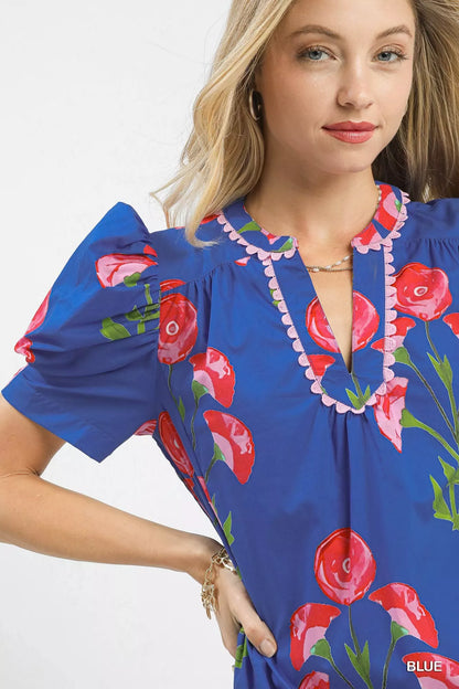 Umgee Floral Print Puff Sleeve Mini Dress with Scallop Trim