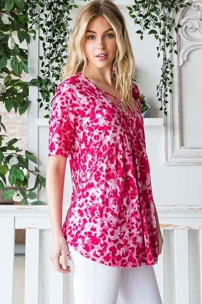 Heimish Full Size Short Sleeve Crisscross Animal Babydoll Top Plus Size
