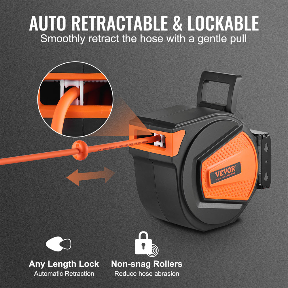 VEVOR Retractable Air Hose Reel, 3 8 IN X 50 FT Hybrid Air Hose Max 300PSI, Air Compressor Hose Reel With 5 Ft Lead In, Ceiling  Wall Mount Enclosed Air Reel, 180 Swivel Mount