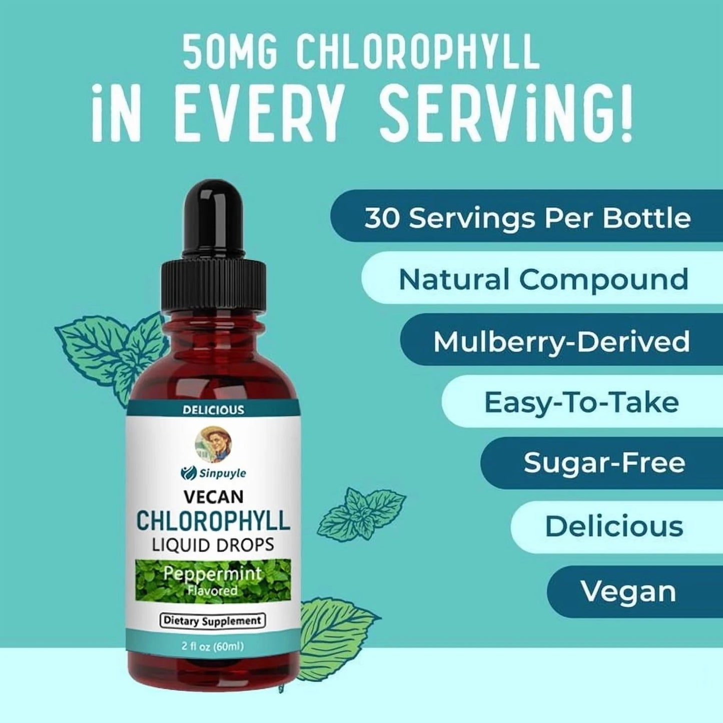 Vegan Chlorophyll Liquid Drops, Peppermint Flavored, Supports Detox And Fresh Breath, 60ml