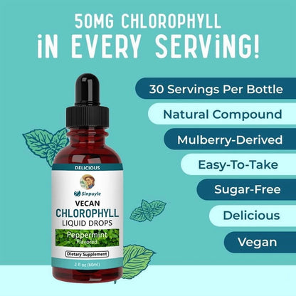 Vegan Chlorophyll Liquid Drops, Peppermint Flavored, Supports Detox And Fresh Breath, 60ml