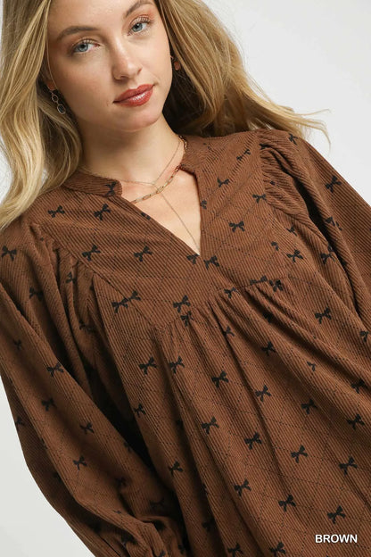 Umgee Corduroy Bow Print Balloon Sleeve Blouse