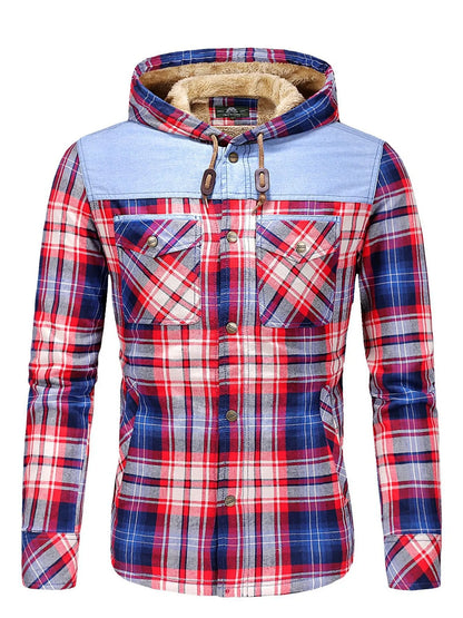 Men's Plus Size Drawstring Plaid Fleece Lined Hooded Outerwear