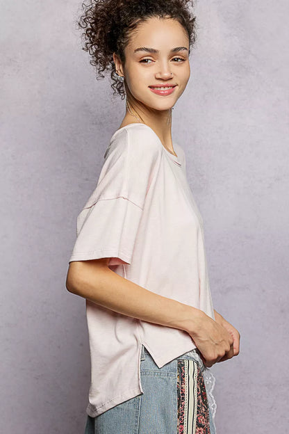 POL Round Neck Short Sleeve T-Shirt with High Low Hem