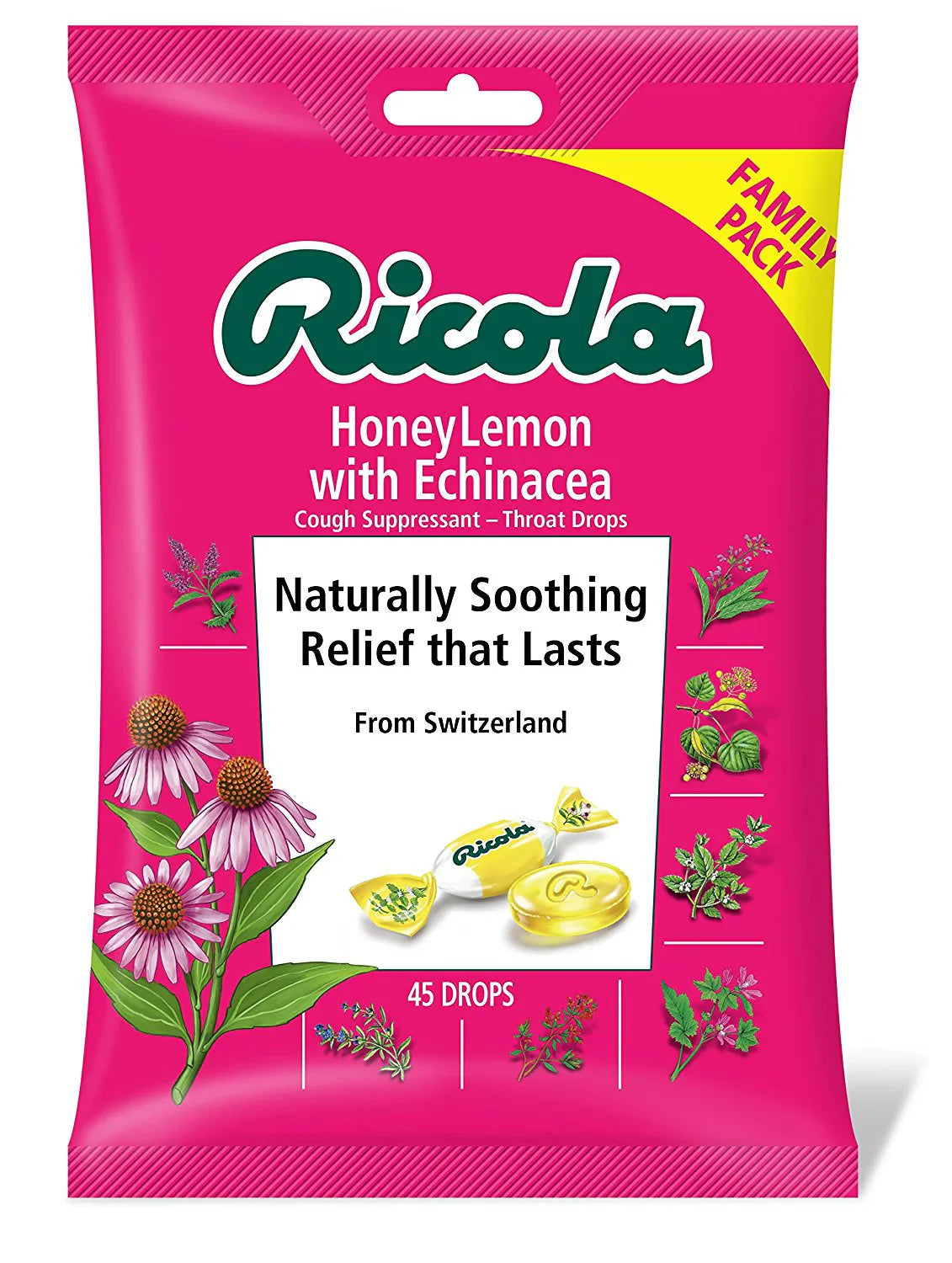 Ricola Honey Lemon Cough Drops, Case of 6 Packs, 45 Count Each