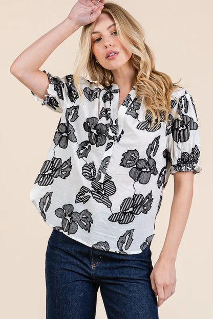 Lime 'N' Chili Embroidered Split Neck Puff Sleeve Blouse