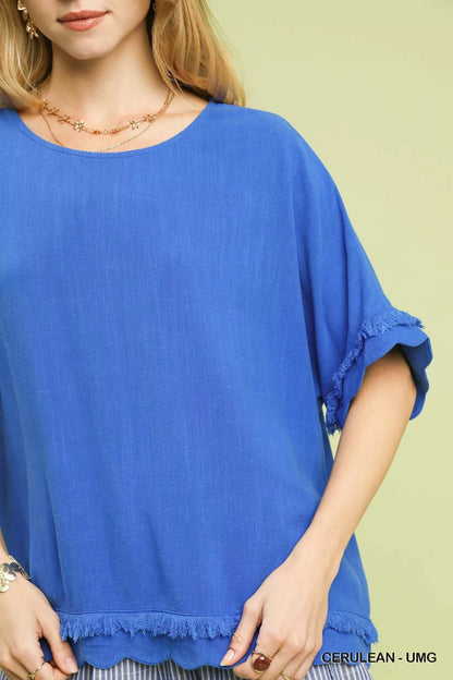 Umgee Linen Frayed Hem Scallop Edge Top