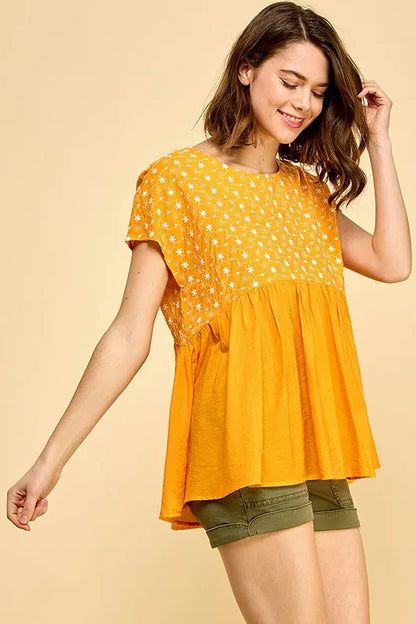 Lime 'N' Chili Embroidered Short Sleeve Pleated Babydoll Top