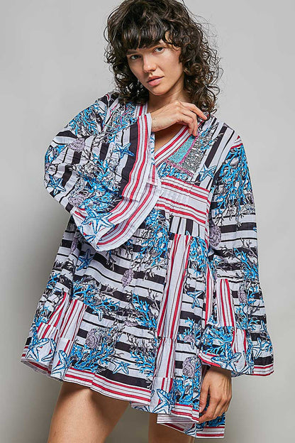 POL Striped Floral Long Sleeve Mini Dress with Pintuck Detail