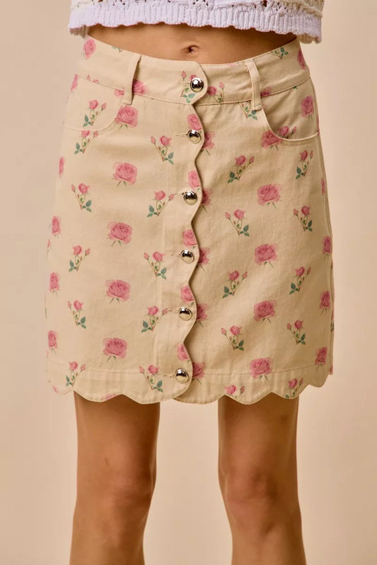 SO ME Floral Rose Print Cotton Twill Scallop Mini Skirt