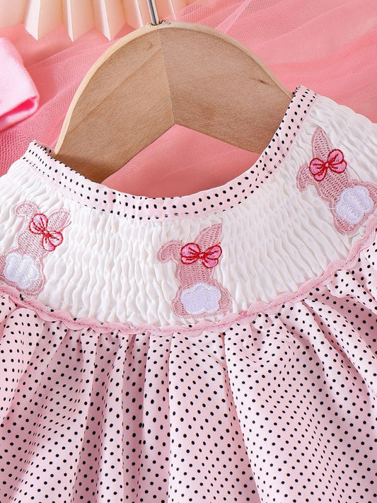 Children's Bunny Embroidered Polka Dot Dress