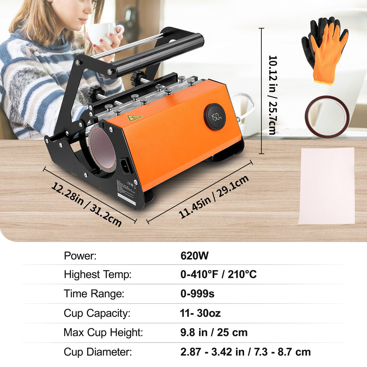 VEVOR Tumbler Heat Press, 30oz Mug Heat Press Machine Sublimation Transfer 11 15oz 16-25oz 30oz Straight Skinny Tumblers, Cup Heat Press With Heat Resist Gloves & Tape, DIY Ceramic Mugs Cups Glasses