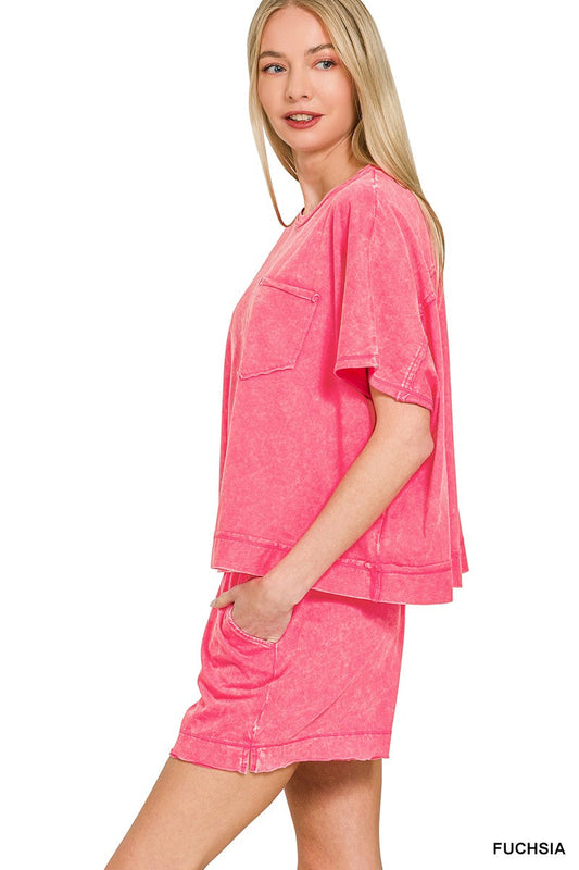 Zenana Acid Washed Oversized Top & Shorts Set
