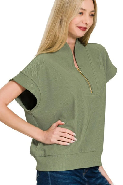 Zenana Ribbed High Neck Half Zip Top