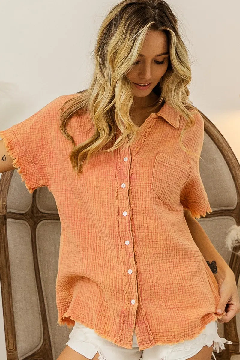 BiBi Mineral Washed Buttoned Up Shirt Top