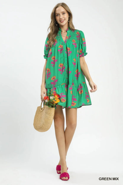 Umgee Floral Print Babydoll Dress