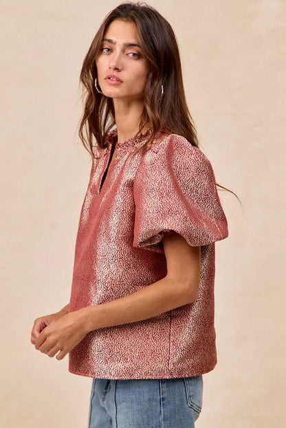 BiBi Jacquard Woven Short Balloon Sleeves V Neck Top