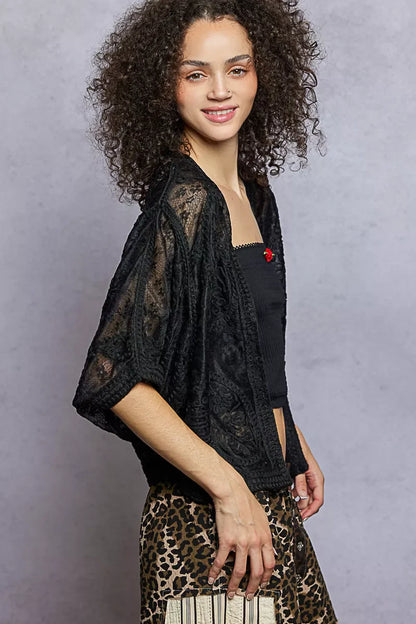 POL Open Front Crochet Cardigan with Floral Embroidery
