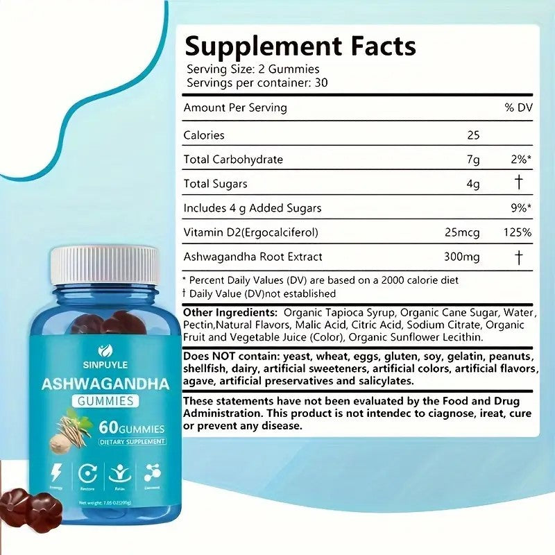 Ashwagandha Gummies 60 Count - Stress Relief, Energy Boost & Relax Support - Natural Adaptogen Supplement