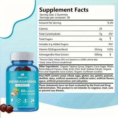 Ashwagandha Gummies 60 Count - Stress Relief, Energy Boost & Relax Support - Natural Adaptogen Supplement