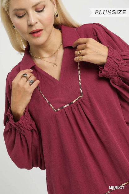 Umgee Full Size Linen Scallop Hem Blouse with Contrast Trim Plus Size