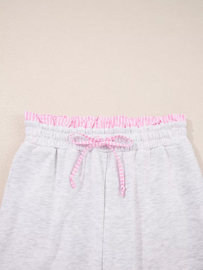 Contrasted Trim Frilled Collar Drop Shoulder Top and Drawstring Pant Set