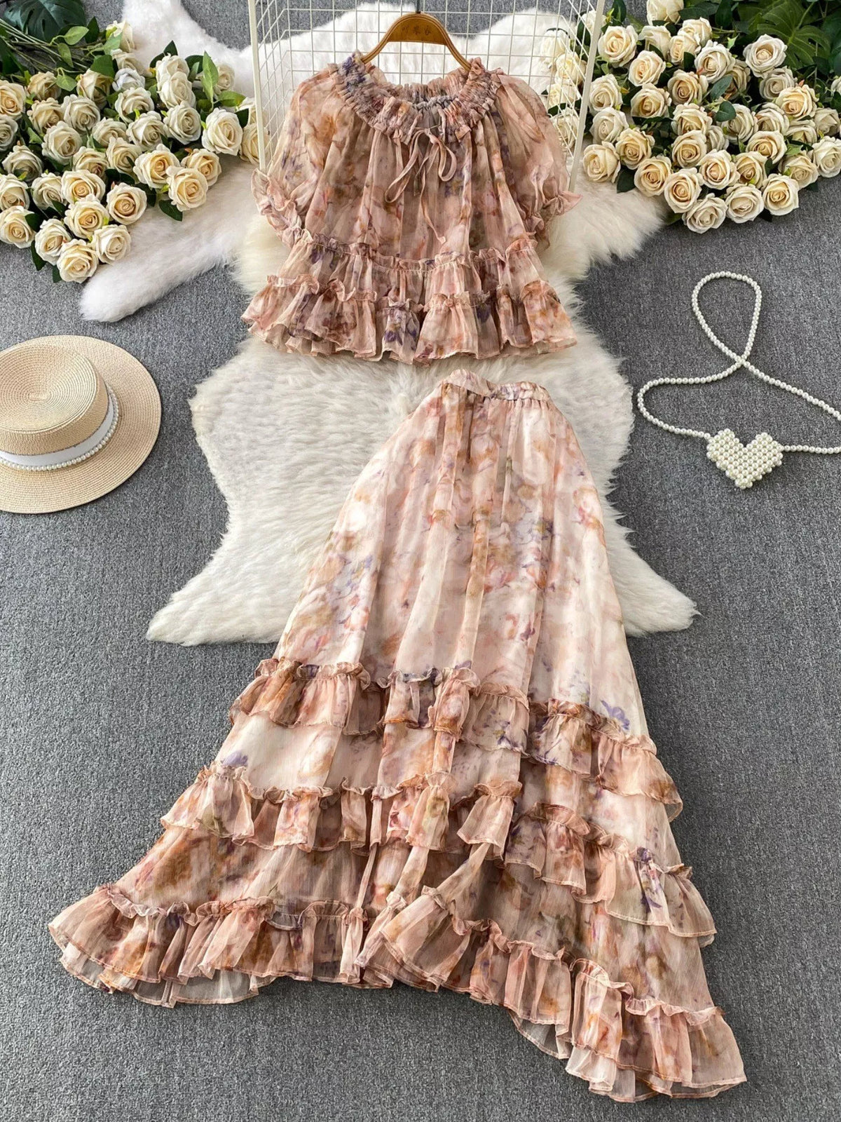 Floral Print Ruffle Hem Blouse and Skirt Set