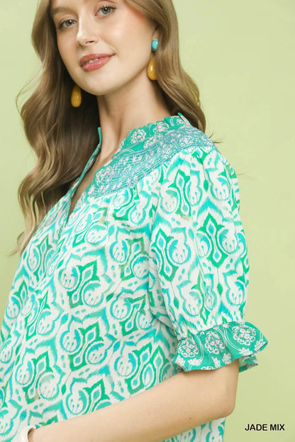 Umgee Mix Boho Puff Sleeve Smocked Top