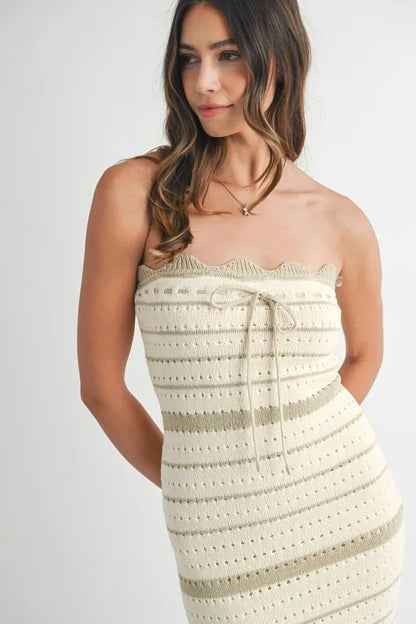MABLE Contrast Striped Crochet Knit Midi Dress