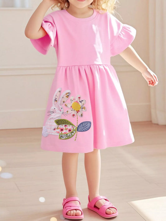 Children's Bunny Embroidered Round Neck Dress