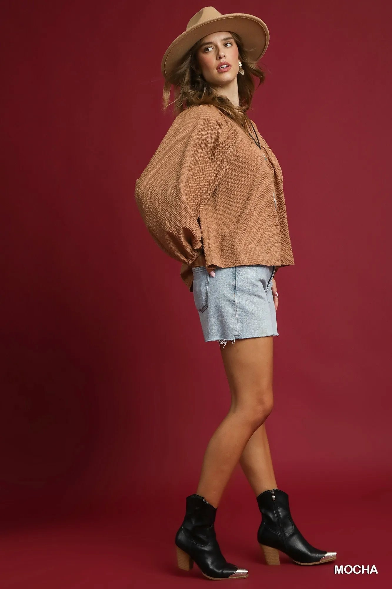 Umgee Textured Notched Blouse with Balloon Sleeves