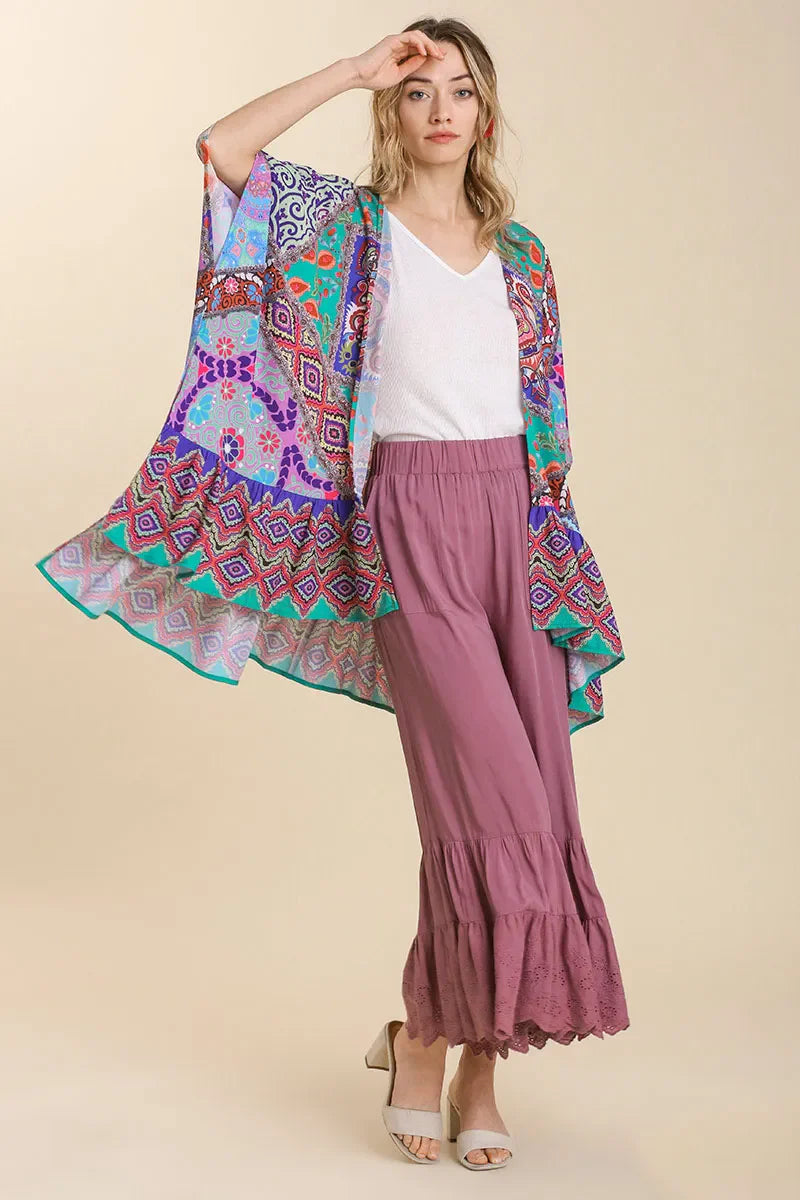 Umgee Full Size Mixed Print Ruffle Hem Open Front Cover Up Plus Size