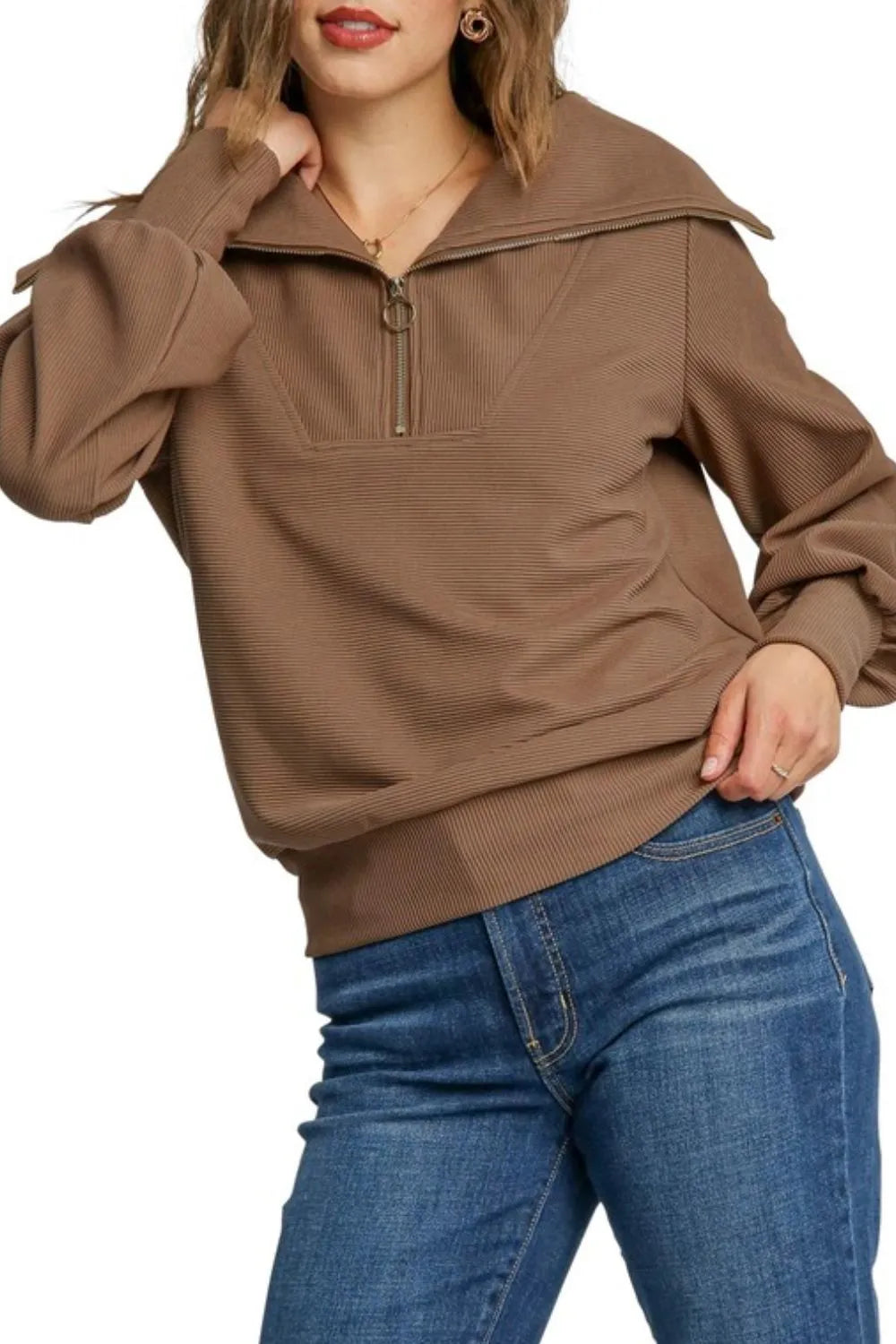 Umgee Full Size Ribbed Knit Half Zipper Sweatshirt Plus Size