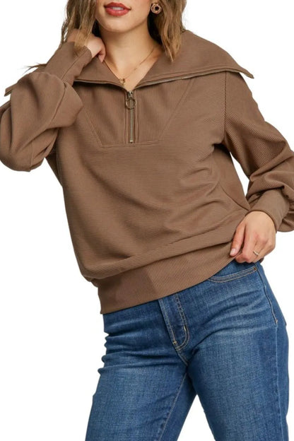 Umgee Full Size Ribbed Knit Half Zipper Sweatshirt Plus Size