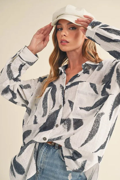 Aemi + Co High-Low Printed Button Up Long Sleeve Shirt