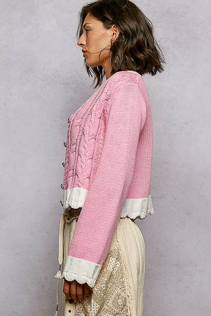 POL Button Down Cable-Knit Cardigan with Contrast Border Accents