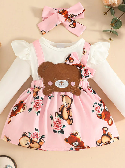 Children's Bear Long Sleeve Dress with Headband