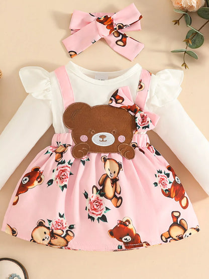 Children's Bear Long Sleeve Dress with Headband