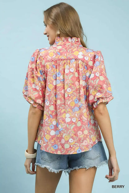 Umgee Smocked Floral Ruffle Trim Top