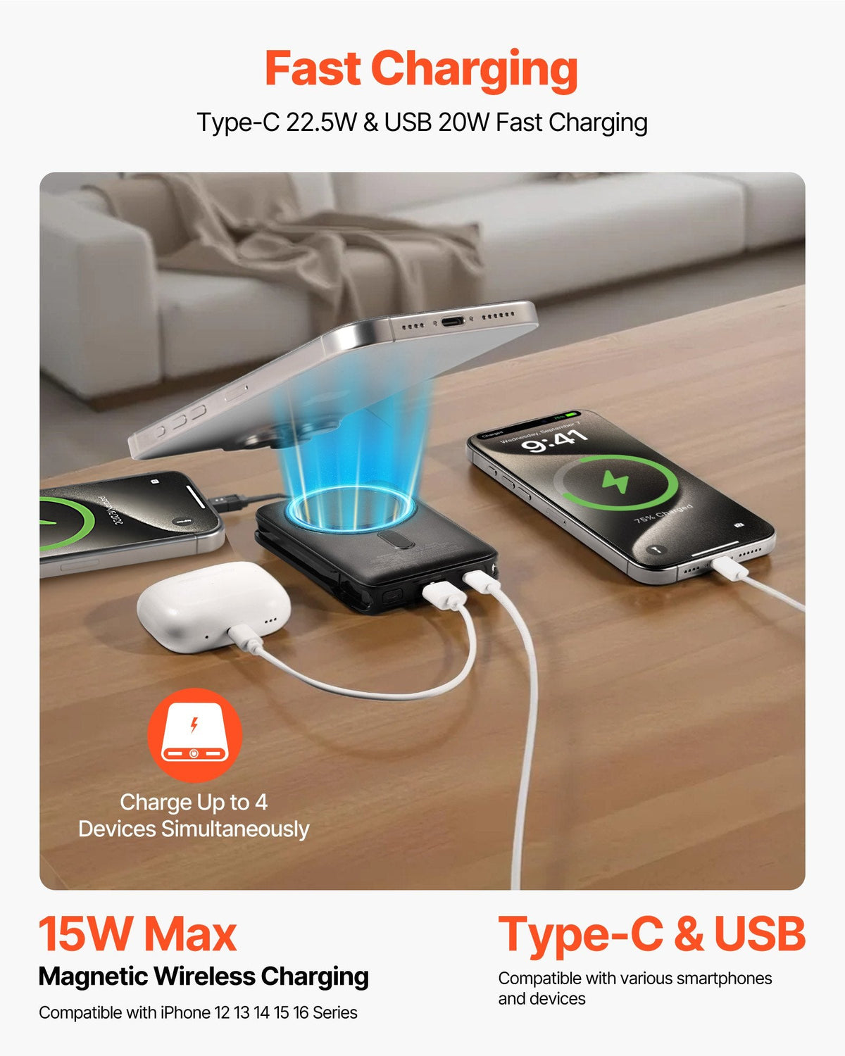 Magnetic Power Bank, 10000 MAh Battery Pack, Wireless MagSafe-Compatible Portable Charger, With Smart LED Display, Foldable Stand, Fast Charging For IPhone16/15/14/13/12 Series, Samsung, Huawei