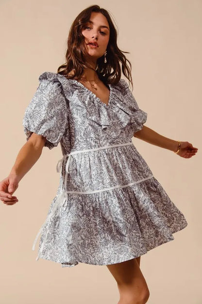 SO ME Cotton Printed Ruffle V Neckline Dress with Side Tie