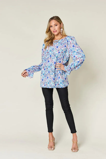 Double Take Full Size Printed Flounce Sleeve Blouse