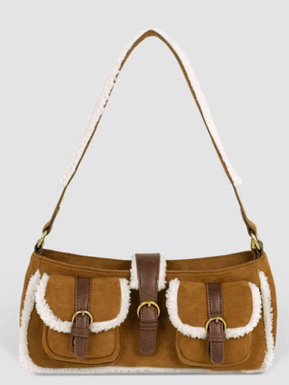 Vintage Suede Shoulder Bag with Plush Trim