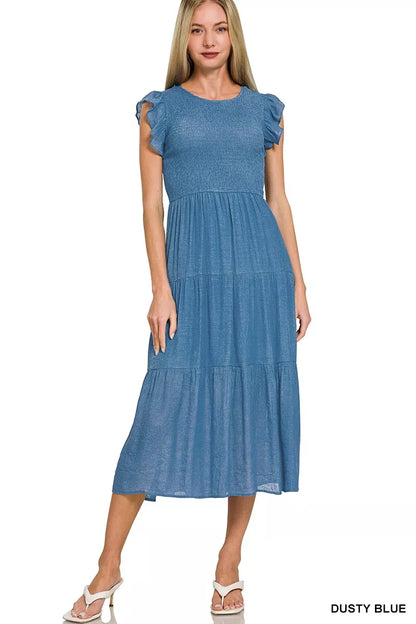Zenana Woven Smocked Ruffle Sleeve Midi Dress