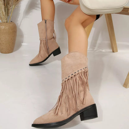 Fringe Western Block Heel Boots