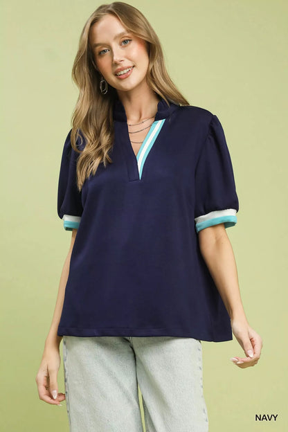 Umgee Luxe knit Contrast Trim Puff Sleeve Top