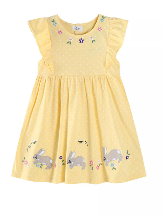 Children's Floral Bunny Embroidered Polka Dot Dress