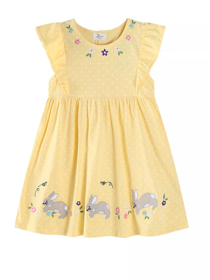 Children's Floral Bunny Embroidered Polka Dot Dress