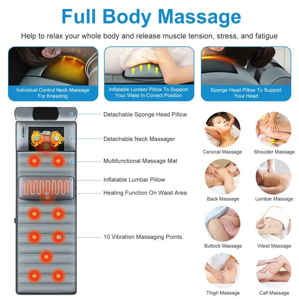 Vibration Massage Mat Full Body & Neck Kneading Massager - 20 Nodes, 3 Massage Modes&Speeds, 9 Vibration Settings, 3-Level Lumbar Heat, Inflatable Waist Pillow - Perfect Gift For Family
